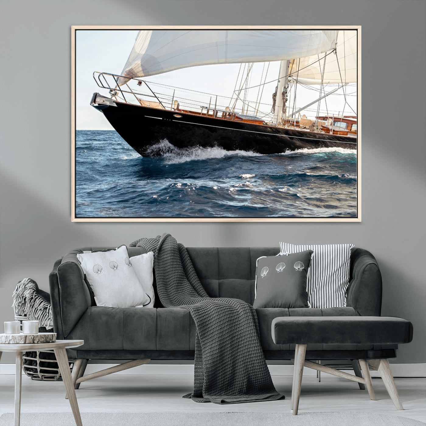 97168626-MGV-CV-36X24-Sailing Yacht Wall Art Canvas Print, Framed Wooden Yacht Art Picture Print, Ocean Waves Perfect Nautical Coastal Decor Artwork