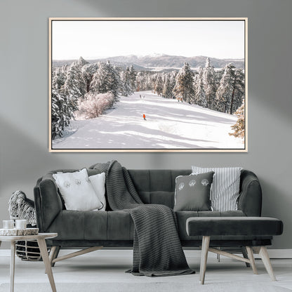 62119206-MGV-CV-36X24-Snowy Trail Wall Art Canvas Print, Framed Ski Slope Art Picture Print, Winter Pines Perfect Alpine Adventure Decor Artwork