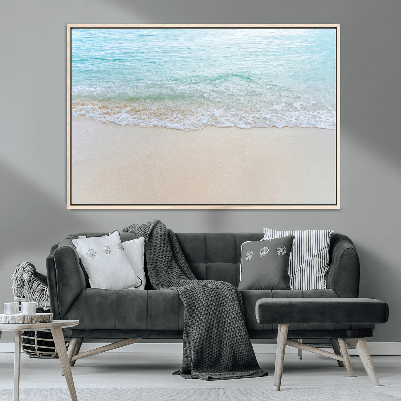 77194056-MGV-CV-36X24-Soft Shoreline Wall Art Canvas Print, Framed Gentle Waves Art Picture Print, Clear Water Perfect Minimalist Coastal Decor Artwork