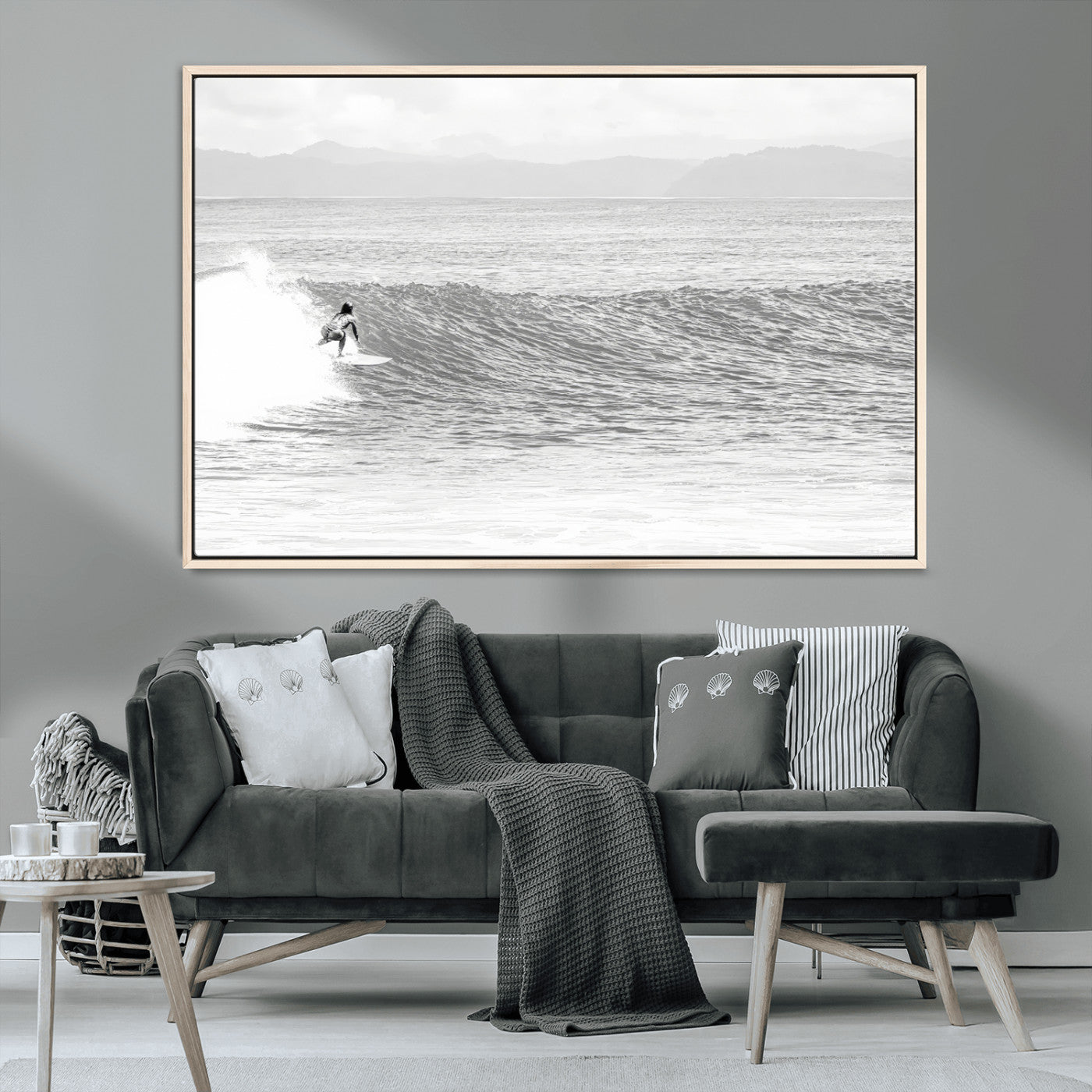 81535128-MGV-CV-36X24-Surfer Woman Wall Art Canvas Print, Framed Black Ocean Art Picture Print, Ocean Surfing Perfect Monochrome Coastal Decor Artwork