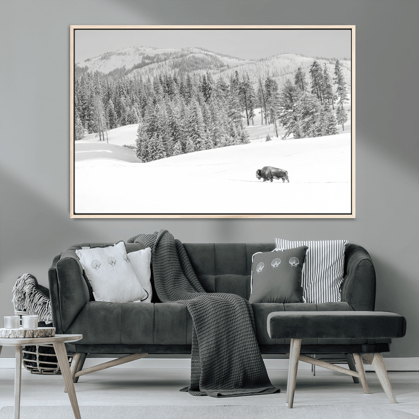 68081143-MGV-CV-36X24-Snowy Bison Wall Art Canvas Print, Framed Winter Forest Art Picture Print, Lone Bison Perfect Monochrome Winter Wild Decor Artwork