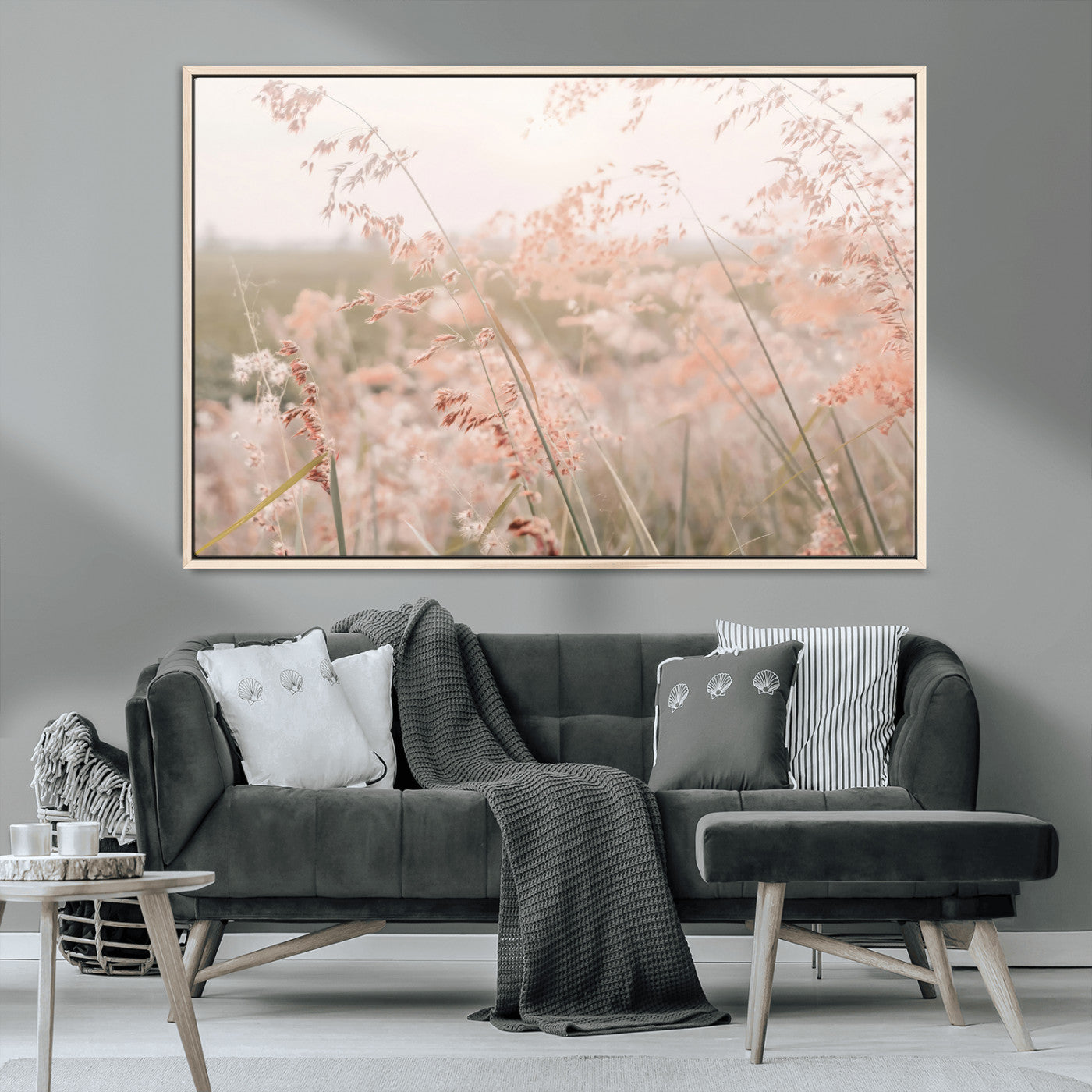 79164340-MGV-CV-36X24-Pastel Grasses Wall Art Canvas Print, Framed Soft Meadow Art Picture Print, Field in Breeze Perfect Pastel Minimal Decor Artwork