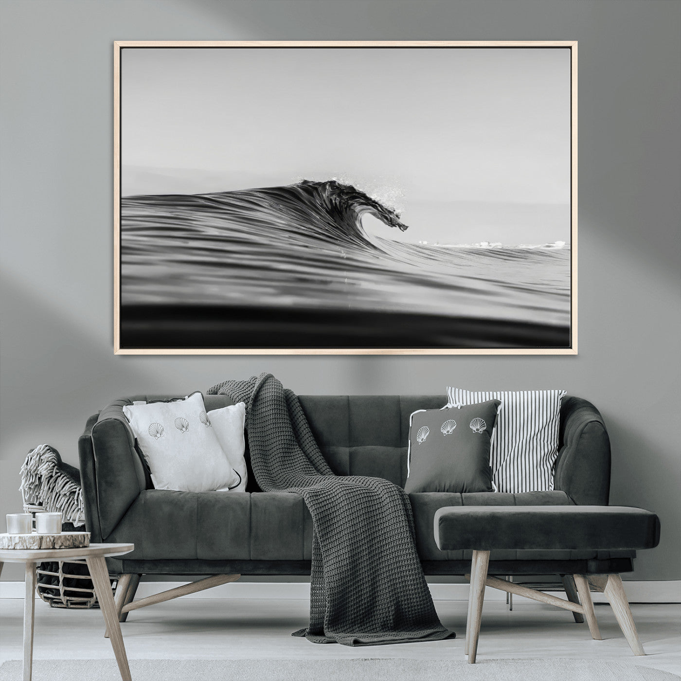 24029476-MGV-CV-36X24-Black Wave Wall Art Canvas Print, Framed Abstract Surf Art Picture Print, Minimalist Ocean Perfect Minimalist Coastal Decor