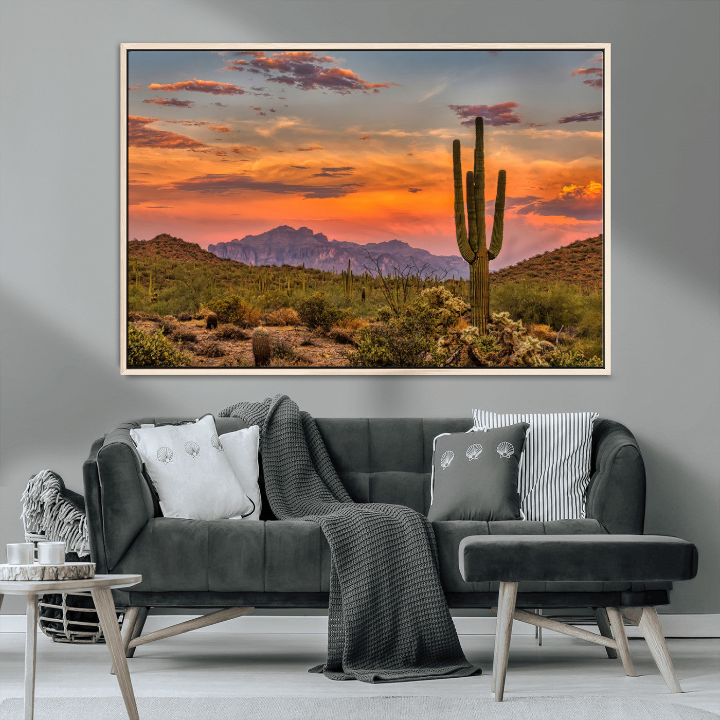 25332783-MGV-CV-36X24-Saguaro Cactus Wall Art Canvas Print, Framed Arizona Sunset Art Picture Print, Sonoran Desert Perfect Southwestern Boho Decor