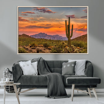 25332783-MGV-CV-36X24-Saguaro Cactus Wall Art Canvas Print, Framed Arizona Sunset Art Picture Print, Sonoran Desert Perfect Southwestern Boho Decor