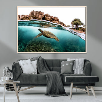 44200301-MGV-CV-36X24-Sea Turtle Swim Wall Art Canvas Print, Framed Ocean Life Art Picture Print, Tropical Shoreline Perfect Tropical Coastal Decor