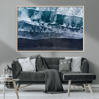 87941475-MGV-CV-36X24-Black Beach Wall Art Canvas Print, Framed Aerial Ocean Art Picture Print, Moody Coastal Perfect Modern Coastal Decor Artwork