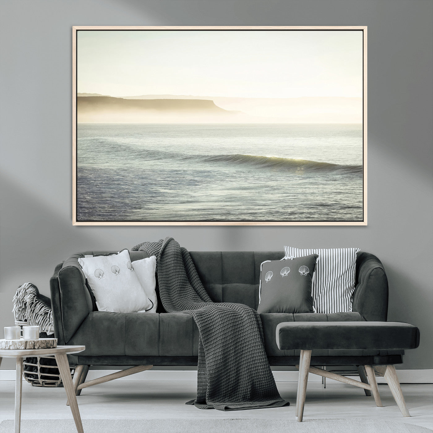 39310633-MGV-CV-36X24-Coastal Cliffs Wall Art Canvas Print, Framed Misty Ocean Art Picture Print, Morning Light Perfect Minimalistic Coastal Decor