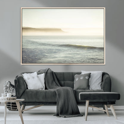 39310633-MGV-CV-36X24-Coastal Cliffs Wall Art Canvas Print, Framed Misty Ocean Art Picture Print, Morning Light Perfect Minimalistic Coastal Decor
