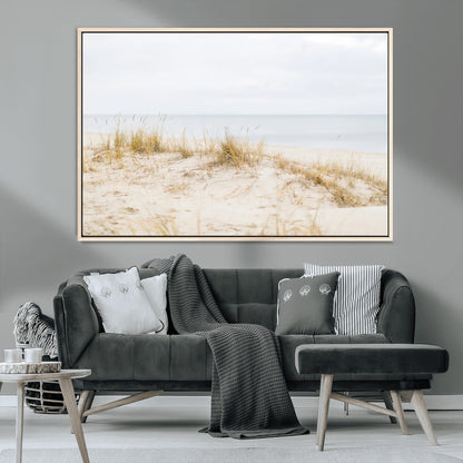 13146857-MGV-CV-36X24-Beach Dunes Wall Art Canvas Print, Framed Soft Horizon Art Picture Print, Coastal Grass Perfect Minimalist Coastal Decor Artwork