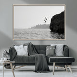 52284302-MGV-CV-36X24-Cliff Jumping Wall Art Canvas Print, Framed Ocean Adventure Art Picture Print, Black White Coast Perfect Modern Coastal Decor