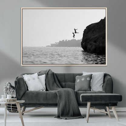 52284302-MGV-CV-36X24-Cliff Jumping Wall Art Canvas Print, Framed Ocean Adventure Art Picture Print, Black White Coast Perfect Modern Coastal Decor