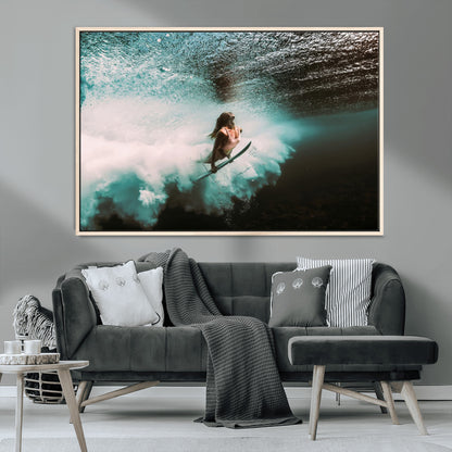 85923512-MGV-CV-36X24-Aquatic Motion Wall Art Canvas Print, Framed Underwater Swimming Art Picture Print, Female Surfer Diving Perfect Coastal Boho