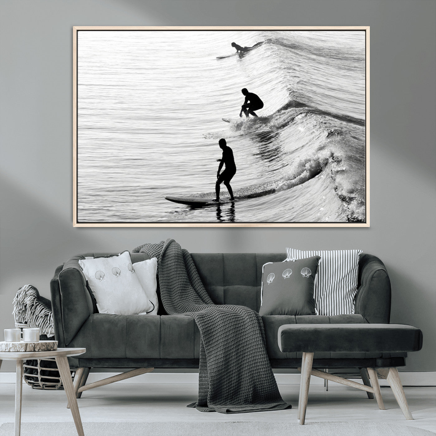 19875284-MGV-FC-36X24_Natural-Surfer Waves Wall Art Canvas Print, Framed Black White Surf Art Picture Print, Monochrome Ocean Perfect Modern Coastal Decor
