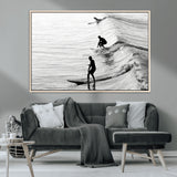 19875284-MGV-FC-36X24_Natural-Surfer Waves Wall Art Canvas Print, Framed Black White Surf Art Picture Print, Monochrome Ocean Perfect Modern Coastal Decor