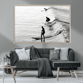19875284-MGV-FC-36X24_Natural-Surfer Waves Wall Art Canvas Print, Framed Black White Surf Art Picture Print, Monochrome Ocean Perfect Modern Coastal Decor