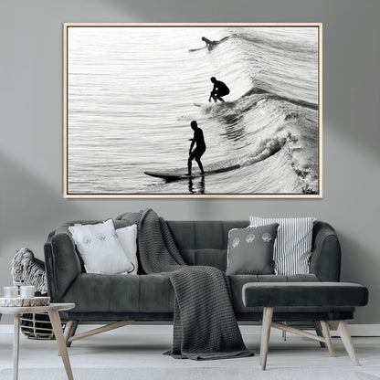 19875284-MGV-FC-36X24_Natural-Surfer Waves Wall Art Canvas Print, Framed Black White Surf Art Picture Print, Monochrome Ocean Perfect Modern Coastal Decor