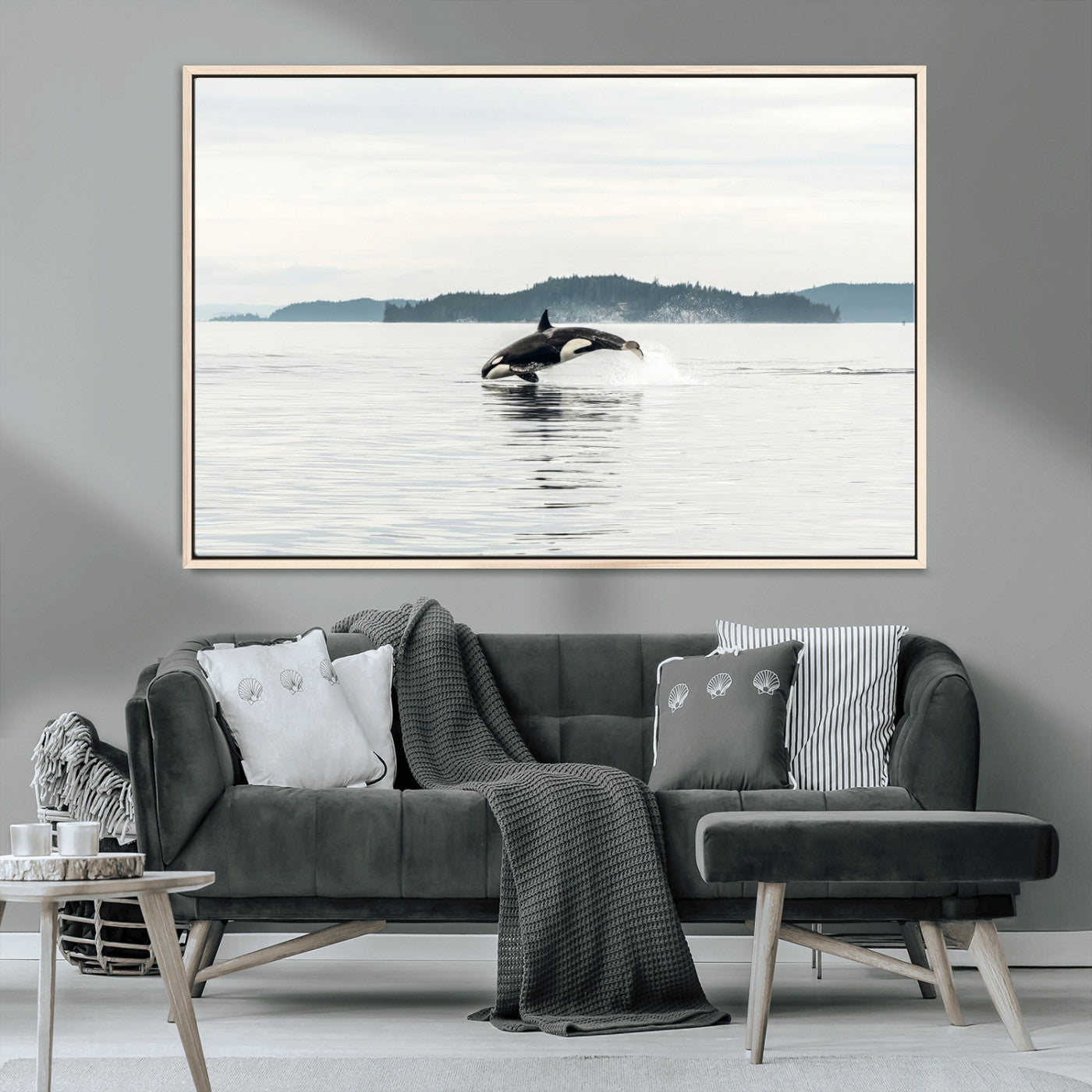 10157174-MGV-CV-36X24-Orca Whale Wall Art Canvas Print, Framed Black White Whale Art Picture Print, Minimalist Ocean Perfect Coastal Minimalist Decor