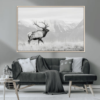62278753-MGV-CV-36X24-Monochrome Elk Wall Art Canvas Print, Framed Mountain Wildlife Art Picture Print, Rustic Nature Perfect Rustic Minimalist Decor