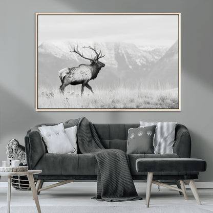 62278753-MGV-CV-36X24-Monochrome Elk Wall Art Canvas Print, Framed Mountain Wildlife Art Picture Print, Rustic Nature Perfect Rustic Minimalist Decor