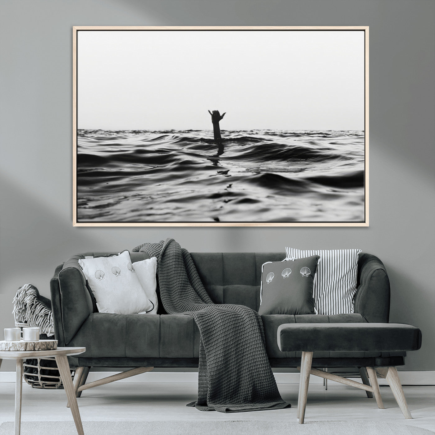 69541918-MGV-CV-36X24-Black White Ocean Wall Art Canvas Print, Framed Moody Seascape Art Picture Print, Surfer Sign Perfect Moody Minimalist Decor