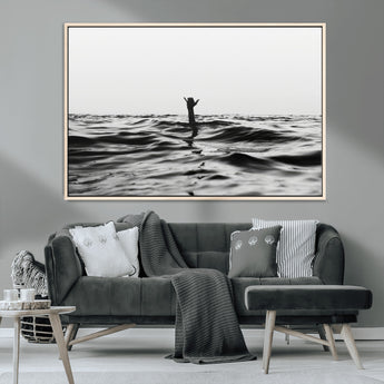 69541918-MGV-CV-36X24-Black White Ocean Wall Art Canvas Print, Framed Moody Seascape Art Picture Print, Surfer Sign Perfect Moody Minimalist Decor