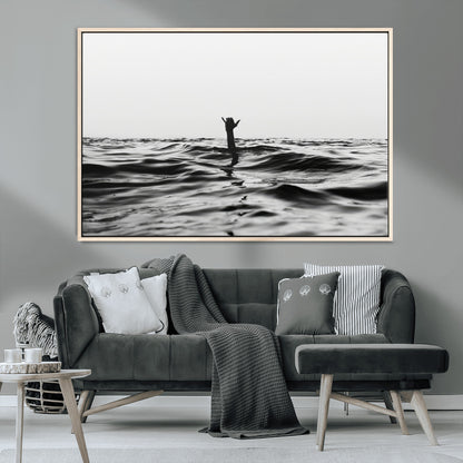 69541918-MGV-CV-36X24-Black White Ocean Wall Art Canvas Print, Framed Moody Seascape Art Picture Print, Surfer Sign Perfect Moody Minimalist Decor