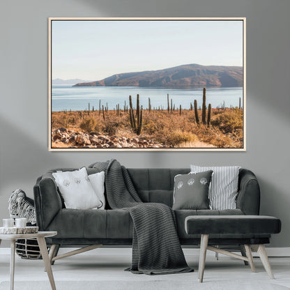 45193515-MGV-CV-36X24-Desert Cactus Wall Art Canvas Print, Framed Baja Coastline Art Picture Print, Coastal Desert Perfect Southwestern Minimalist Decor