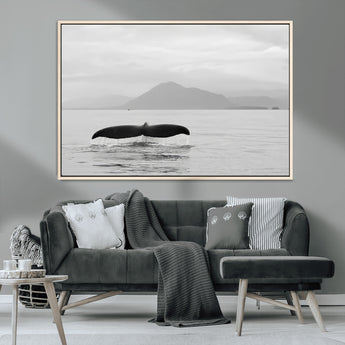 30524220-MGV-CV-36X24-Whale Tail Wall Art Canvas Print, Framed Black White Ocean Art Picture Print, Calm Marine Perfect Minimalist Coastal Decor Artwork