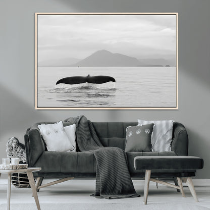 30524220-MGV-CV-36X24-Whale Tail Wall Art Canvas Print, Framed Black White Ocean Art Picture Print, Calm Marine Perfect Minimalist Coastal Decor Artwork