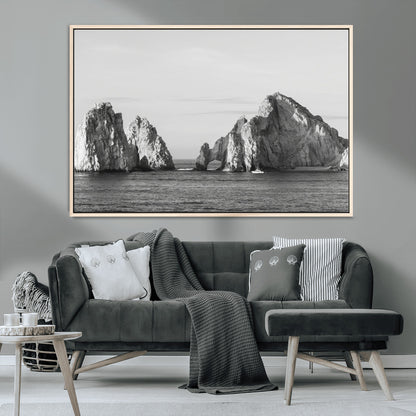 18810731-MGV-CV-36X24-Rugged Coastline Wall Art Canvas Print, Framed Ocean Cliffs Art Picture Print, Monochrome Seascape Perfect Coastal Minimalist
