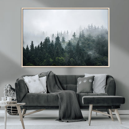 84146572-MGV-CV-36X24-Foggy Pine Trees Wall Art Canvas Print, Framed Forest Nature Art Picture Print, Evergreen Forest Perfect Scandinavian Minimalist