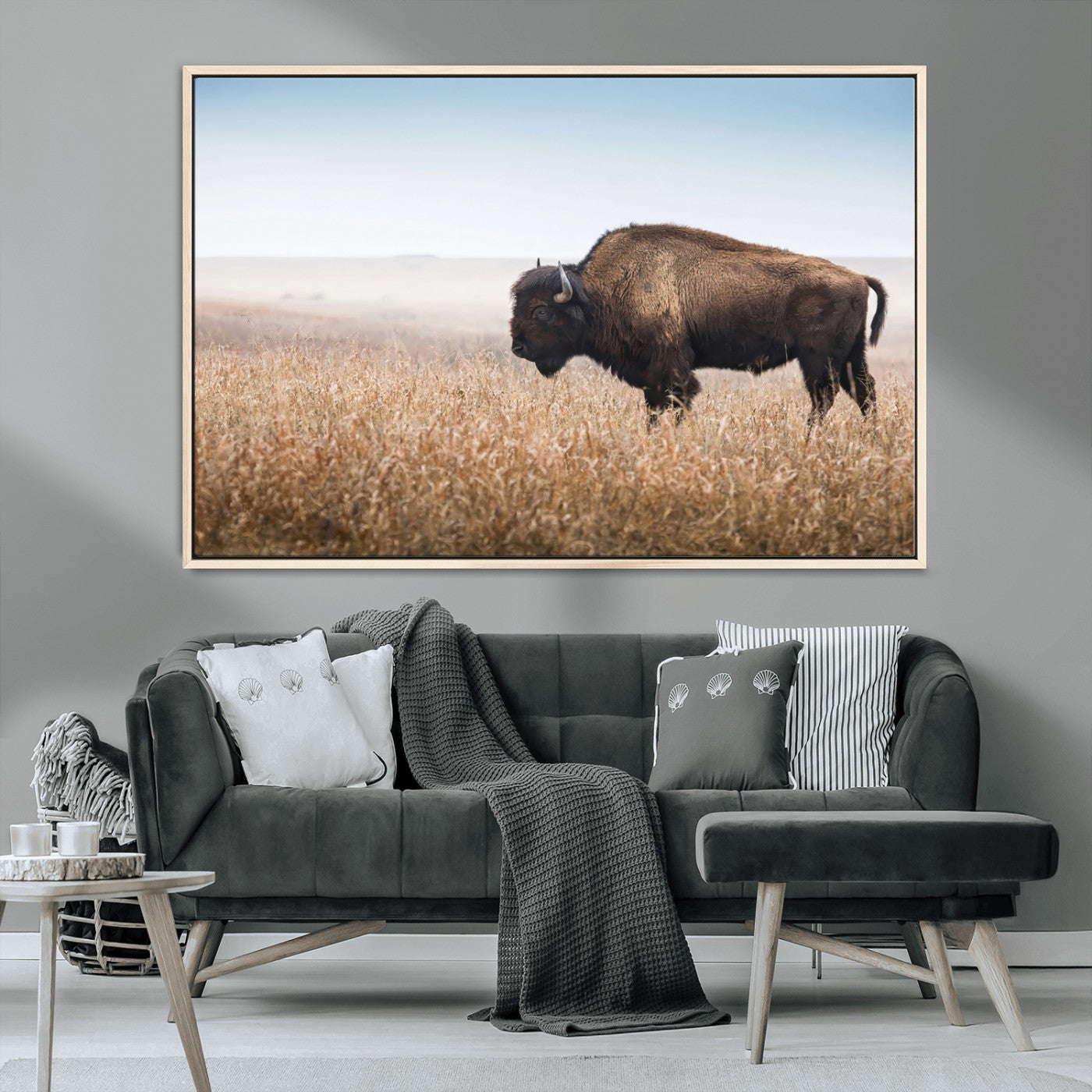 99620201-MGV-CV-36X24-Wild Bison Wall Art Canvas Print, Framed Bison in Prairie Art Picture Print, Rustic Western Perfect Rustic Western Decor Artwork