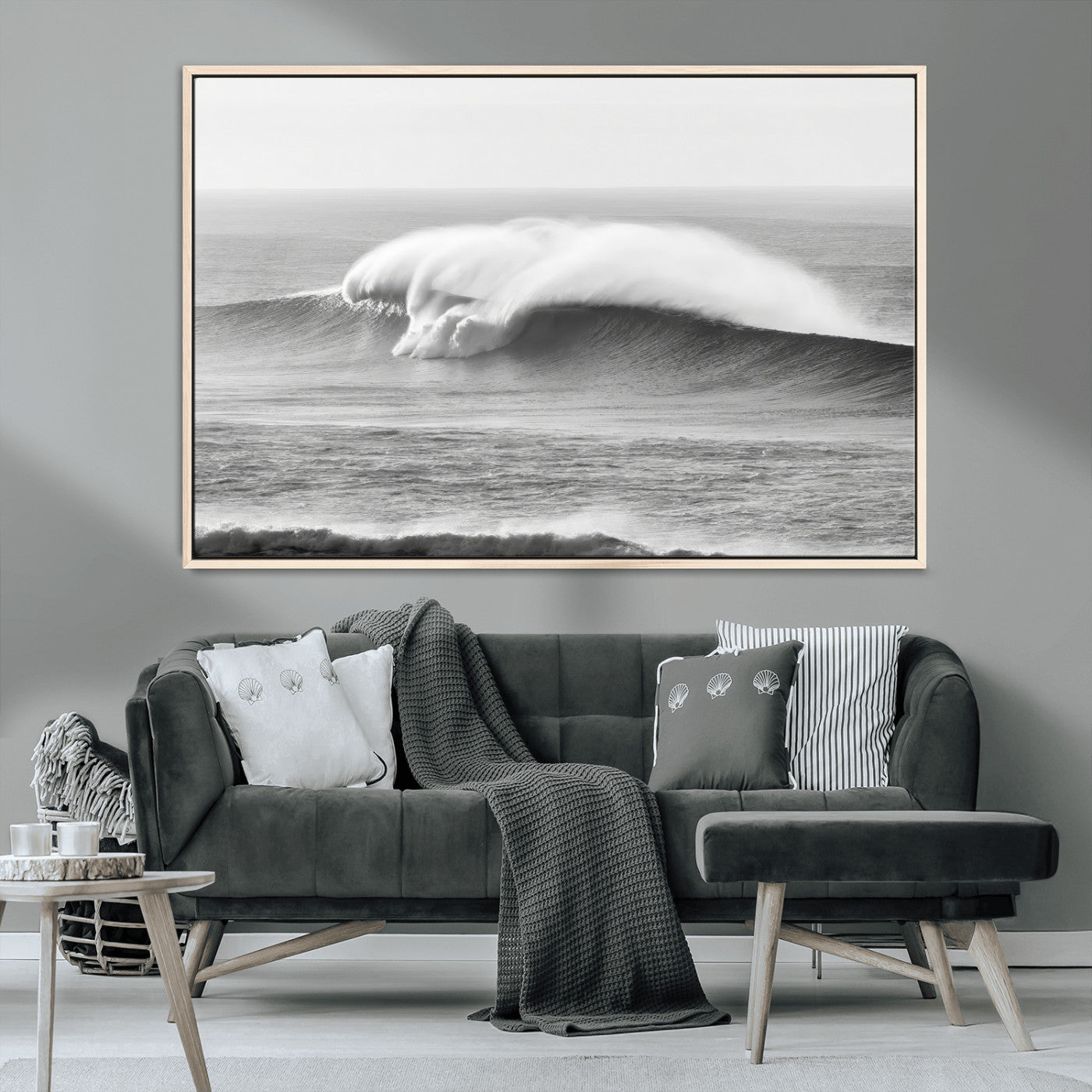 42544082-MGV-CV-36X24-Monochrome Seascape Wall Art Canvas Print, Framed Surf Wave Art Picture Print, Minimalist Ocean Perfect Moody Coastal Decor