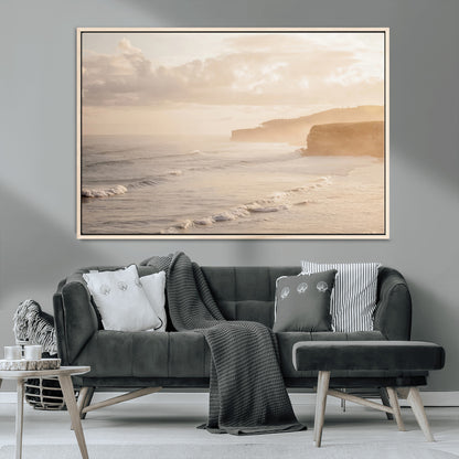 57669769-MGV-CV-36X24-Misty Coastal Wall Art Canvas Print, Framed Golden Sunset Art Picture Print, Serene Shoreline Perfect Tranquil Coastal Decor