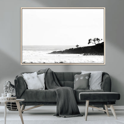 40875891-MGV-FC-36X24_Natural-SurferCliffs Wall Art Canvas Print, Framed Black White Beach Art Picture Print, Ocean Waves Perfect Minimalist Coastal Decor