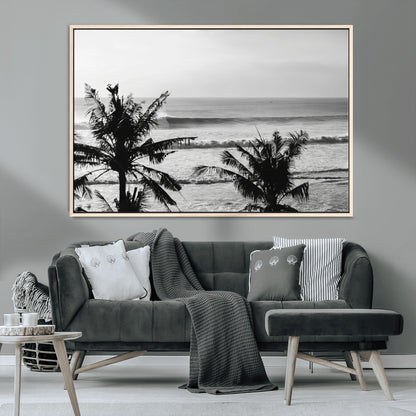 17508038-MGV-CV-36X24-Tropical Coastline Wall Art Canvas Print, Framed Palm Trees Art Picture Print, Ocean Waves Perfect Minimalist Coastal Decor