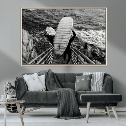 32353707-MGV-CV-36X24-Black White Surfing Wall Art Canvas Print, Framed Coastal Surfing Art Picture Print, Wave Riders Perfect Coastal Adventure Decor