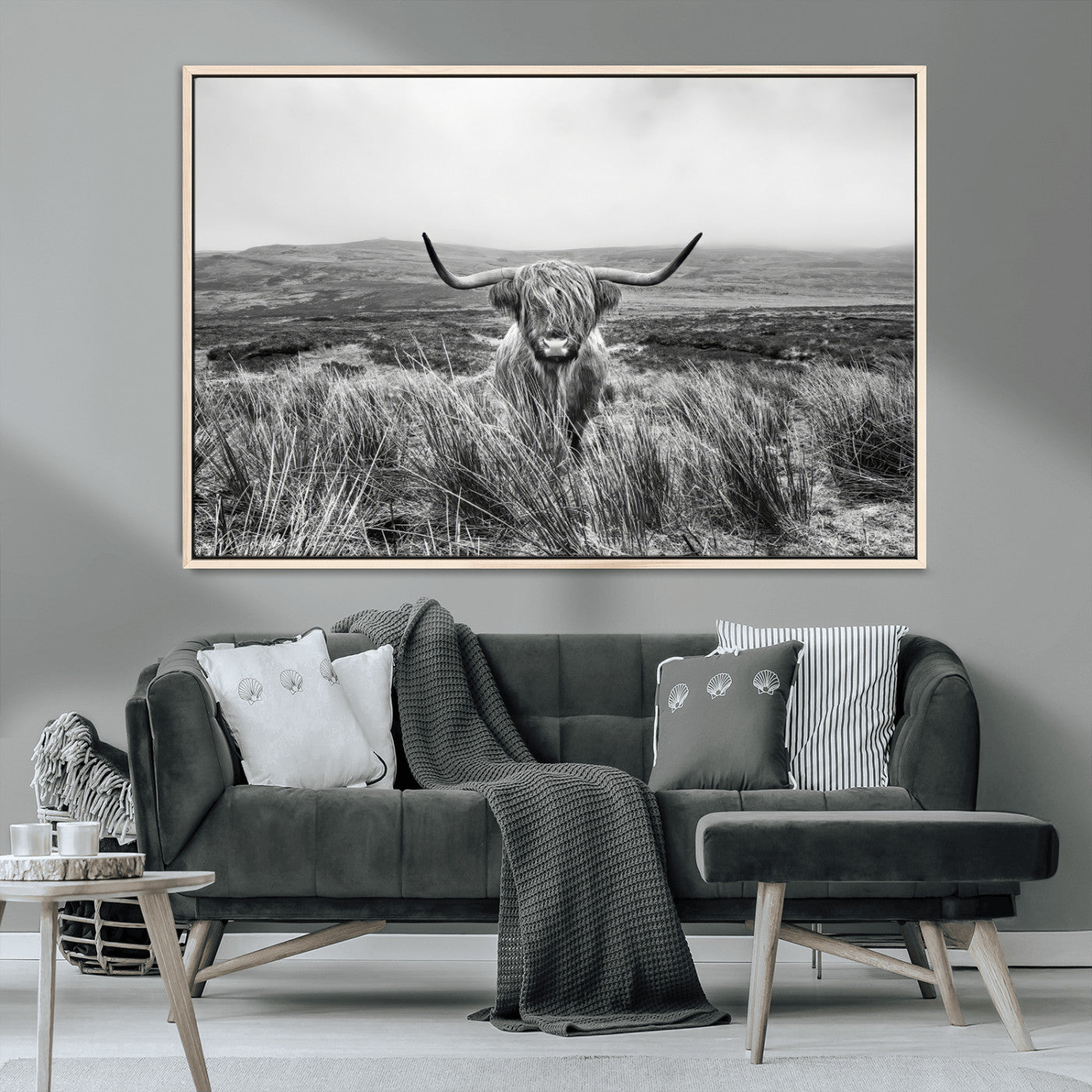 24051061-MGV-CV-36X24-Monochrome Highland Cow Wall Art Canvas Print, Framed Scottish Bull Art Picture Print, Lone Cattle Perfect Rustic Farmhouse Decor