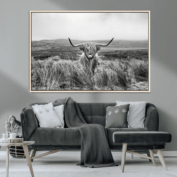 24051061-MGV-CV-36X24-Monochrome Highland Cow Wall Art Canvas Print, Framed Scottish Bull Art Picture Print, Lone Cattle Perfect Rustic Farmhouse Decor