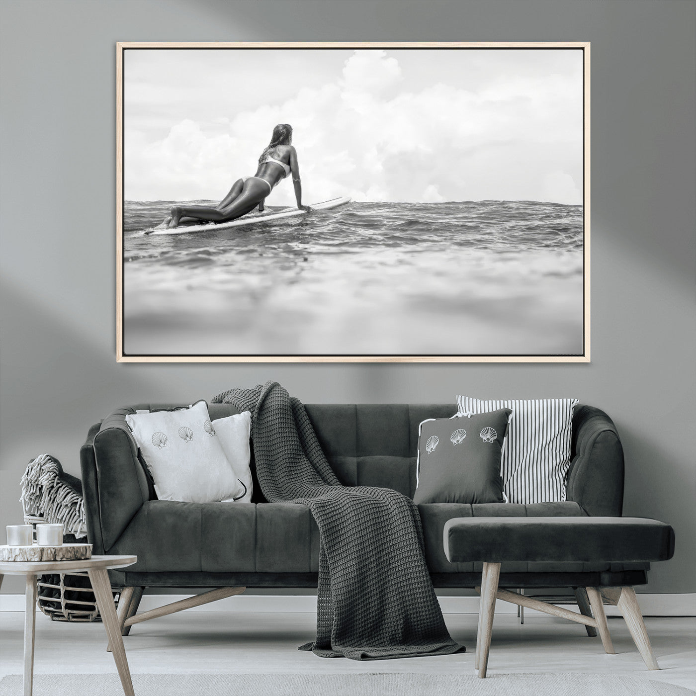 69798068-MGV-CV-36X24-Black White Surfing Wall Art Canvas Print, Framed Ocean Horizon Art Picture Print, Surfer Girl Perfect Coastal Adventure Decor