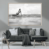69798068-MGV-CV-36X24-Black White Surfing Wall Art Canvas Print, Framed Ocean Horizon Art Picture Print, Surfer Girl Perfect Coastal Adventure Decor