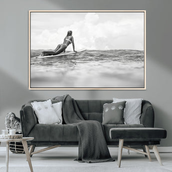 69798068-MGV-CV-36X24-Black White Surfing Wall Art Canvas Print, Framed Ocean Horizon Art Picture Print, Surfer Girl Perfect Coastal Adventure Decor