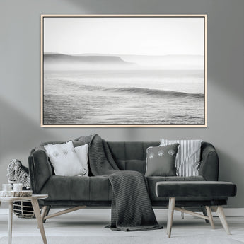 60635783-MGV-CV-36X24-Black White Seascape Wall Art Canvas Print, Framed Ocean Waves Art Picture Print, Misty Coastal Perfect Minimalist Coastal Decor