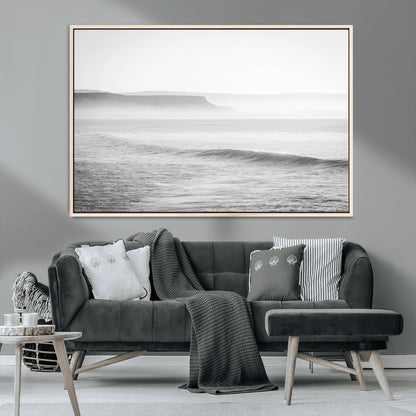 60635783-MGV-CV-36X24-Black White Seascape Wall Art Canvas Print, Framed Ocean Waves Art Picture Print, Misty Coastal Perfect Minimalist Coastal Decor