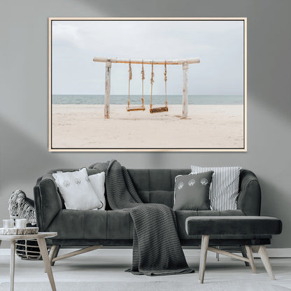 68327283-MGV-CV-36X24-Beach Swing Wall Art Canvas Print, Framed Quiet Beach Art Picture Print, Calm Shoreline Perfect Bohemian Coastal Decor Artwork
