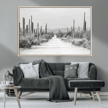 35537313-MGV-CV-36X24-Monochrome Desert Wall Art Canvas Print, Framed Cactus Path Art Picture Print, Southwestern Landscape Perfect Southwestern