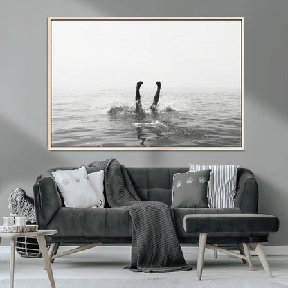 26667396-MGV-CV-36X24-Black White Ocean Wall Art Canvas Print, Framed Monochrome Water Art Picture Print, Diving into Water Perfect Minimalist Aquatic