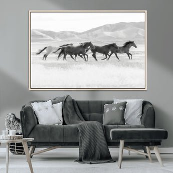 69934913-MGV-CV-36X24-Wild Horses Running Wall Art Canvas Print, Framed Black White Mustangs Art Picture Print, Rustic Western Perfect Rustic Western