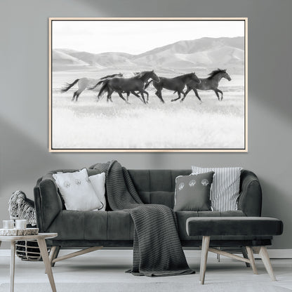 69934913-MGV-CV-36X24-Wild Horses Running Wall Art Canvas Print, Framed Black White Mustangs Art Picture Print, Rustic Western Perfect Rustic Western